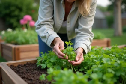 Femme récoltant du persil dans un jardin en plein air