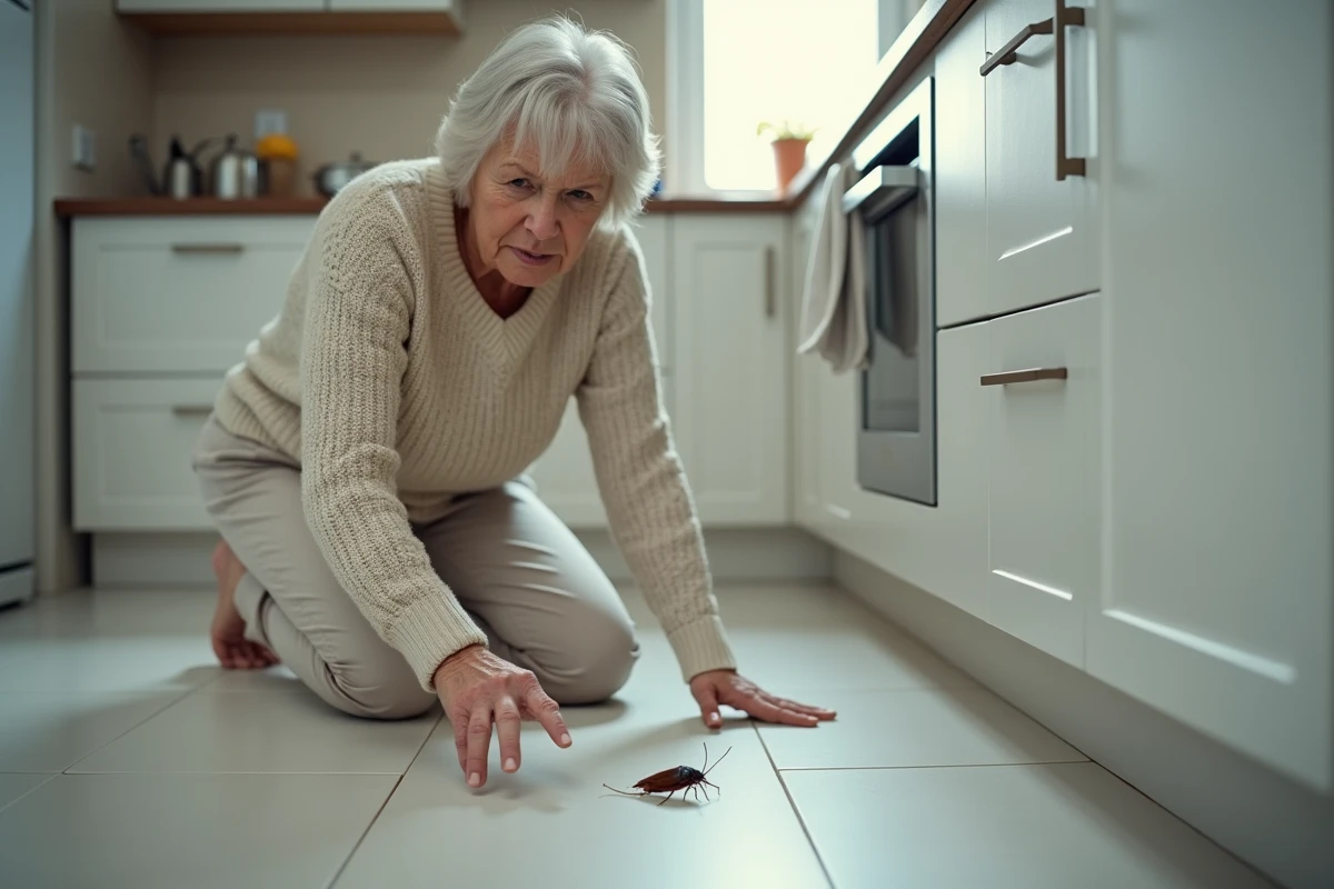 Femme âgée dans la cuisine pointe un cafard au sol