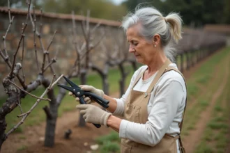 Femme débutante apprenant à tailler la vigne avec des sécateurs dans un petit vignoble de jardin au printemps