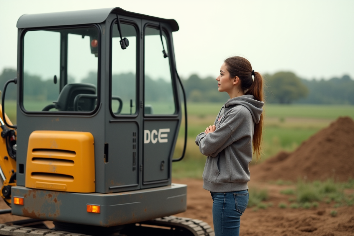 Jeune femme inspectant mini-excavateur sur site rural