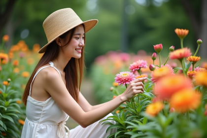 Femme souriante dans un jardin botanique en fleurs