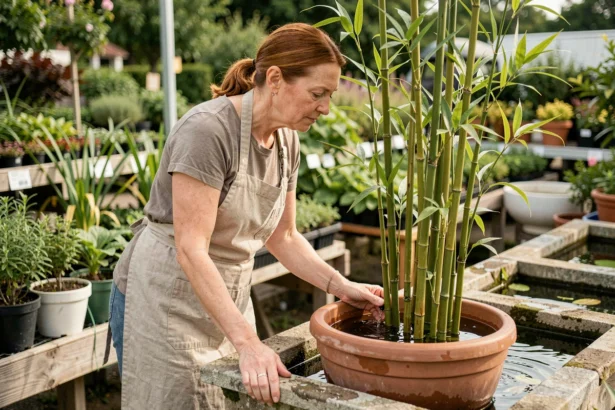 Femme examinant une fontaine en bambou dans une jardinerie avant l'achat pour un bassin de jardin