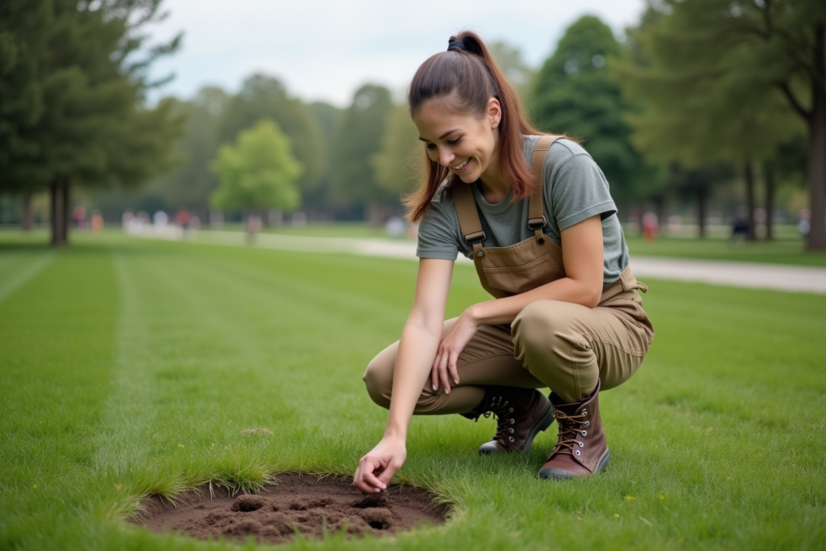Femme inspectant le sol aeré dans un parc public