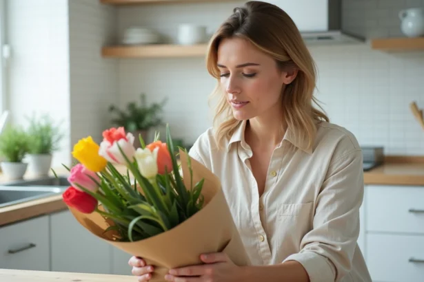 Femme examinant un bouquet de fleurs livré par Promesse de Fleurs dans une cuisine moderne