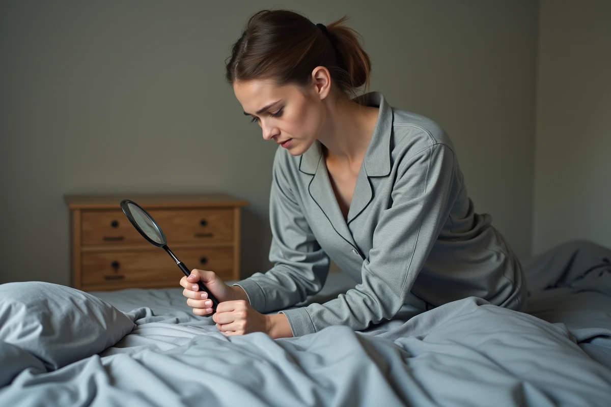 Femme examinant ses draps de lit avec une loupe pour détecter de minuscules insectes noirs