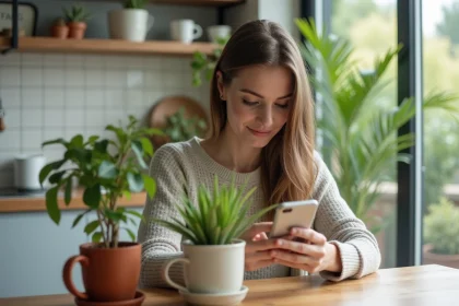 Jeune femme examine une plante avec son smartphone