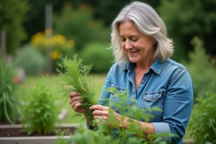 Femme inspectant délicatement le dill dans un jardin