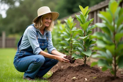 Femme en chapeau de soleil et salopette de jardinage plantant un figuier