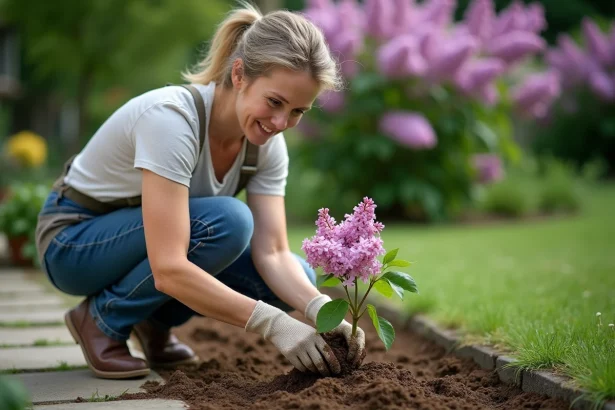 Femme plantant un lilas dans le jardin en été