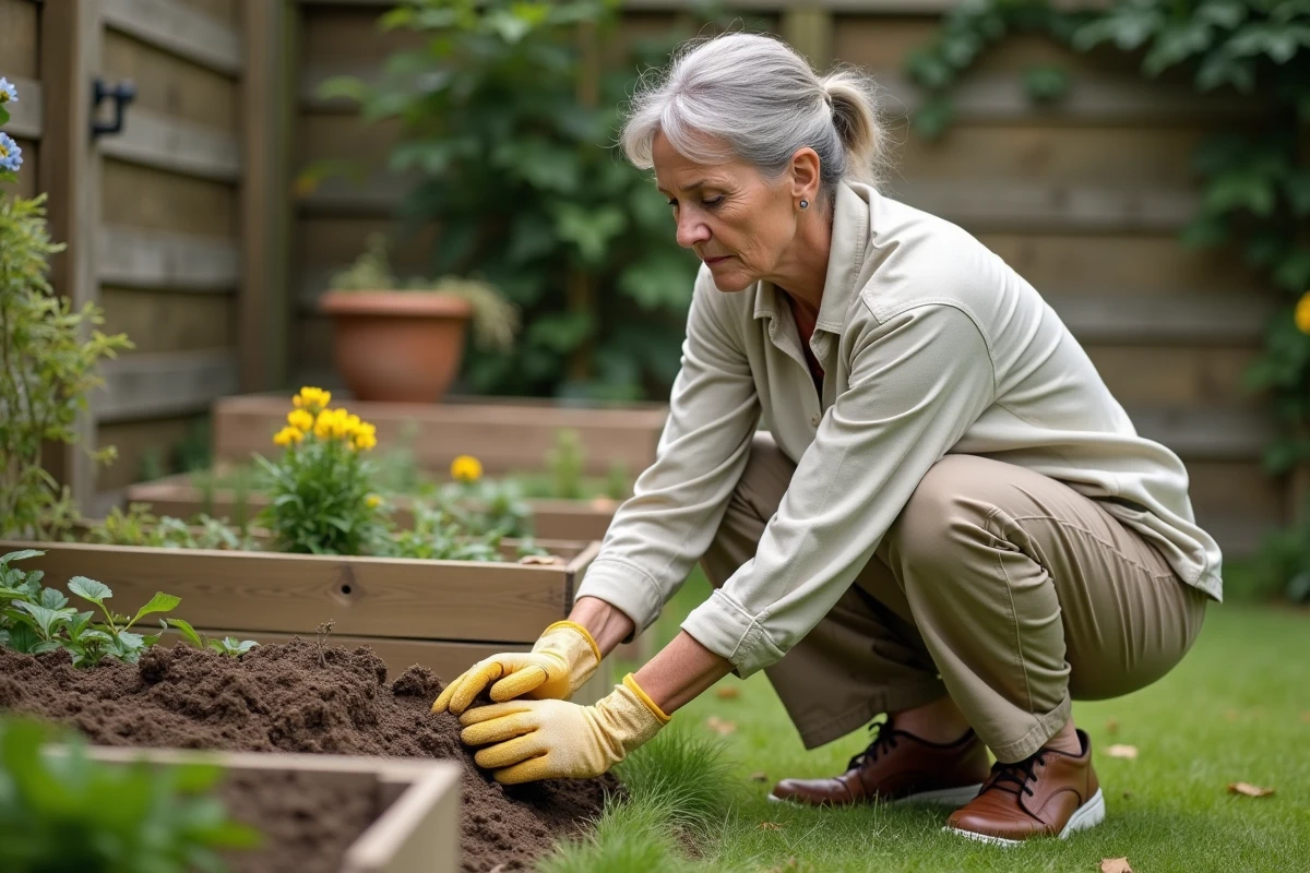 Femme jardiniére observant prudemment un nid de guêpes dans le sol de son jardin tout en gardant une distance de sécurité