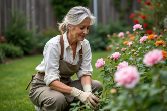 Femme en jardinage parmi des fleurs en pleine floraison