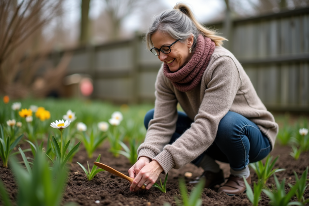 Femme plantant des bulbes de printemps dans le jardin