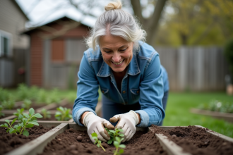 Femme en chemise en denim et gants de jardinage plantant des pois