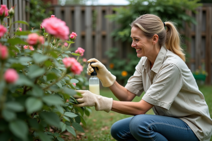 Femme souriante pulvérisant une solution anti-aphidique sur des rosiers