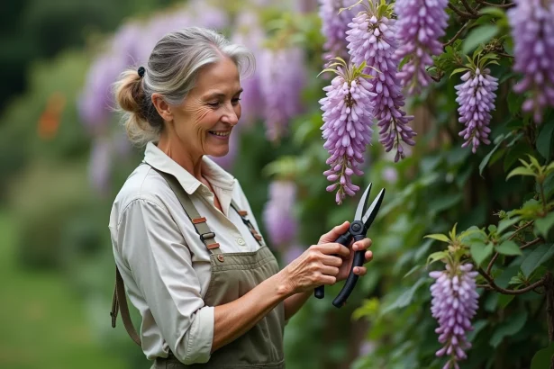 Femme en jardinage avec des glycines en arrière-plan