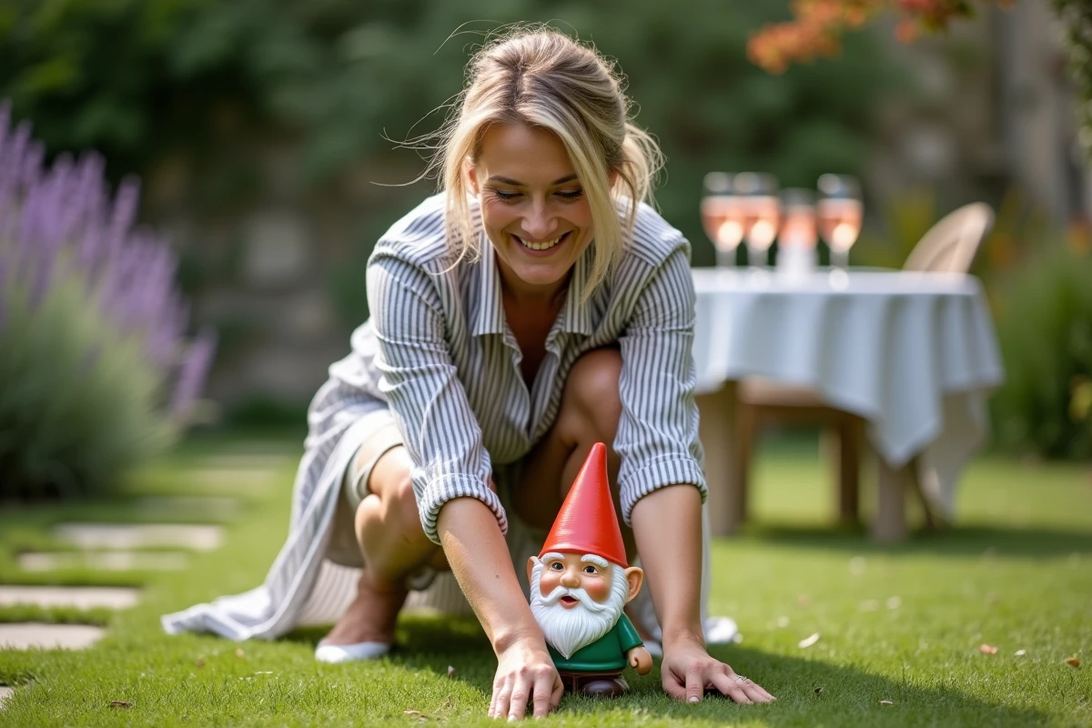 Femme souriante positionnant une pièce de jeu nain de jardin géant lors d'un apéritif en jardin