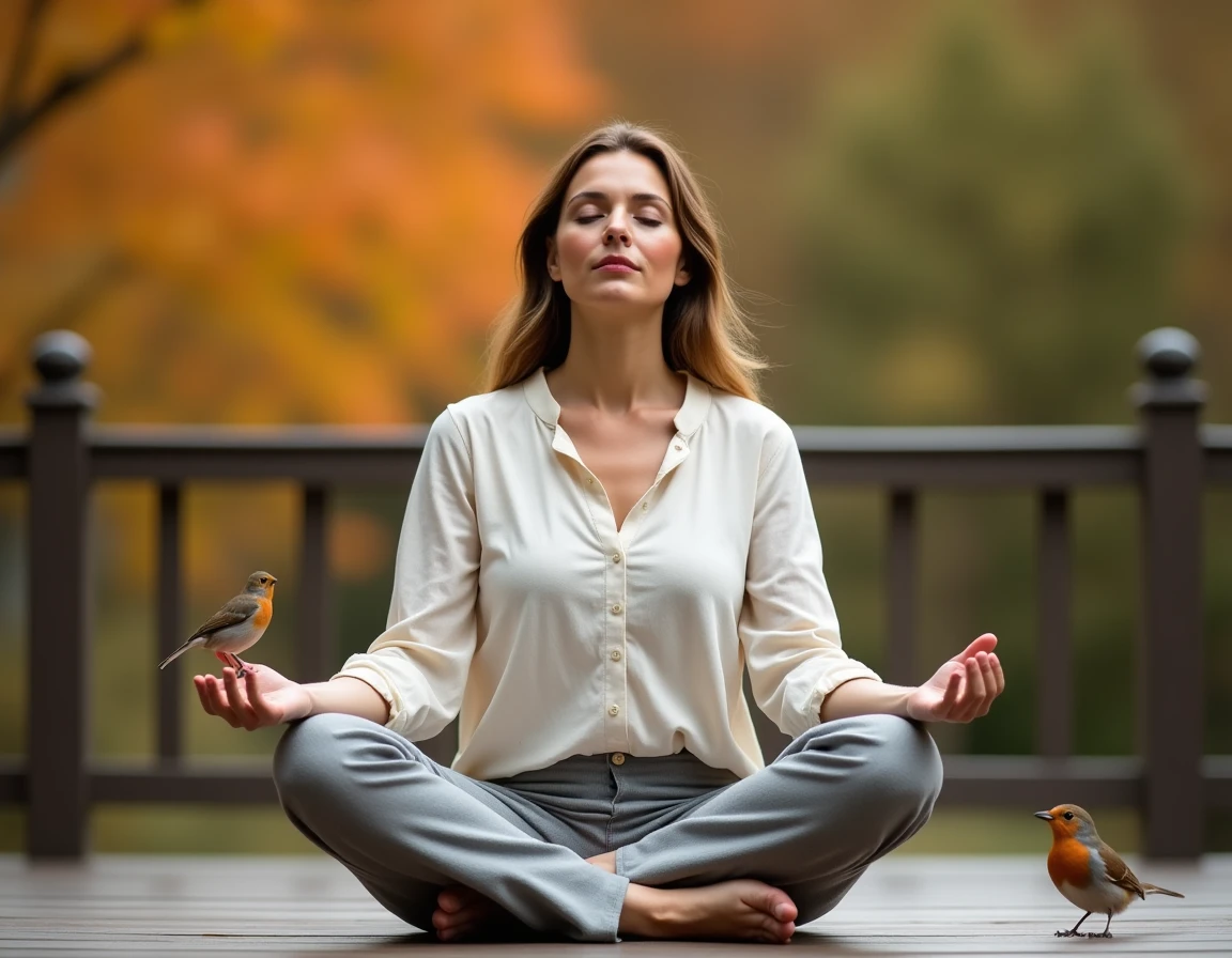 Femme méditant en plein air avec un rouge-gorge posé sur la rambarde, illustrant le lien entre l'oiseau totem et la pratique méditative