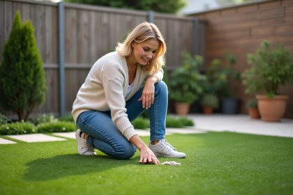 Femme en jeans nettoyant un gazon artificiel extérieur