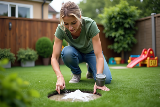 Femme en jeans et t-shirt vert nettoyant le gazon synthétique