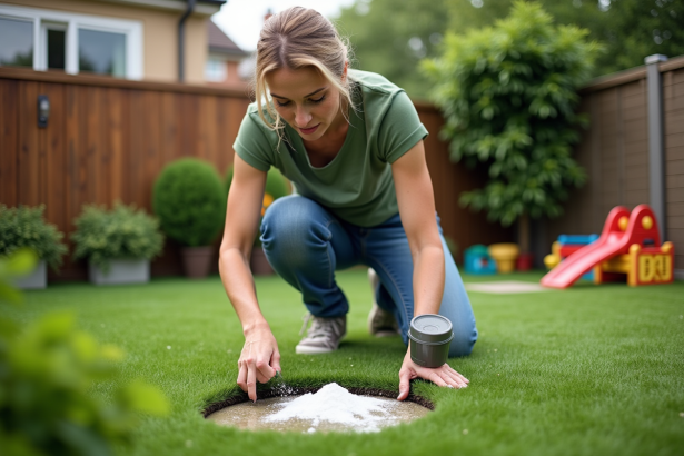 Femme en jeans et t-shirt vert nettoyant le gazon synthétique