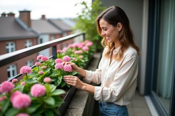 Femme arrangeant des fleurs de waxflower sur un balcon lumineux