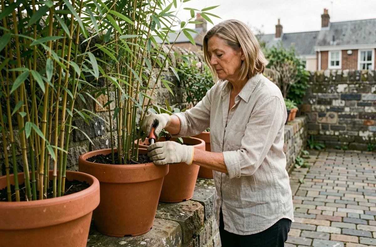 Femme plantant des bambous en pots sur une terrasse urbaine pour créer un écran visuel discret face aux voisins
