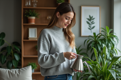 Jeune femme arrosant des plantes vertes dans un salon moderne