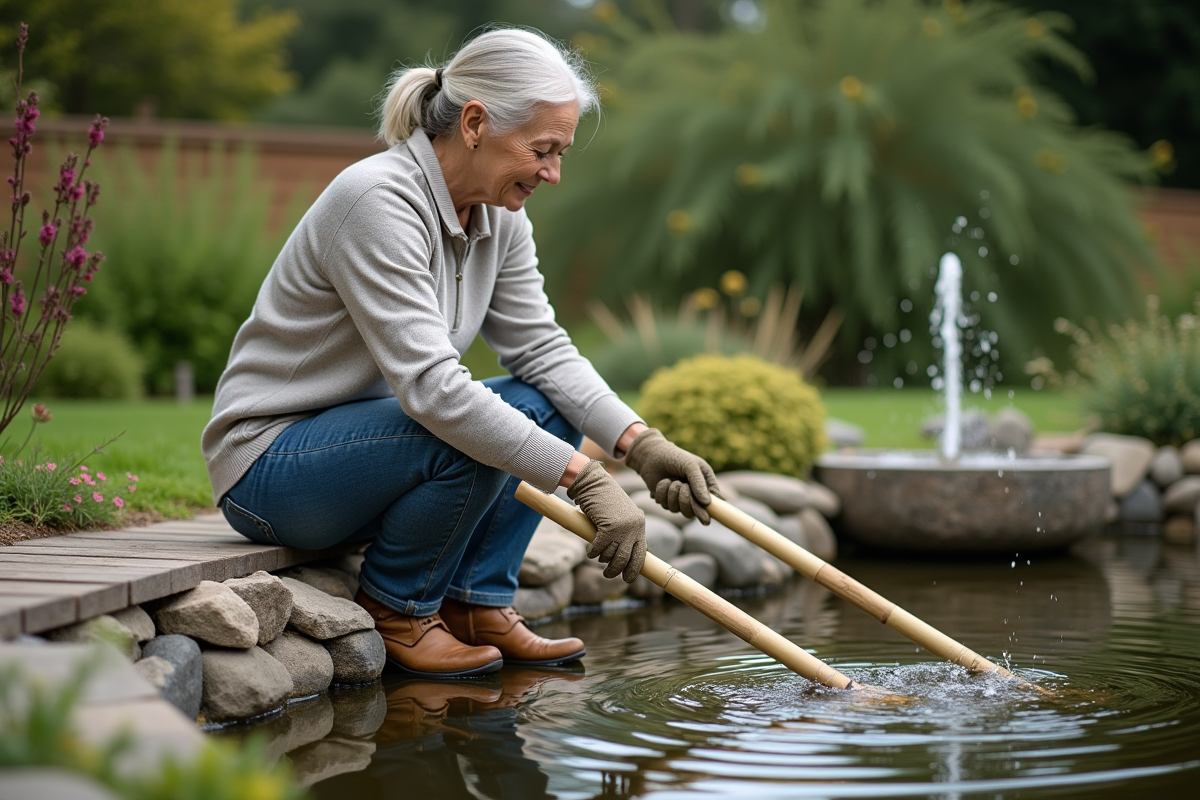 Femme âgée créant des ondulations dans un étang de jardin