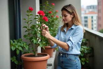 Femme en jeans et chemise bleue prune une bougainvillée urbaine