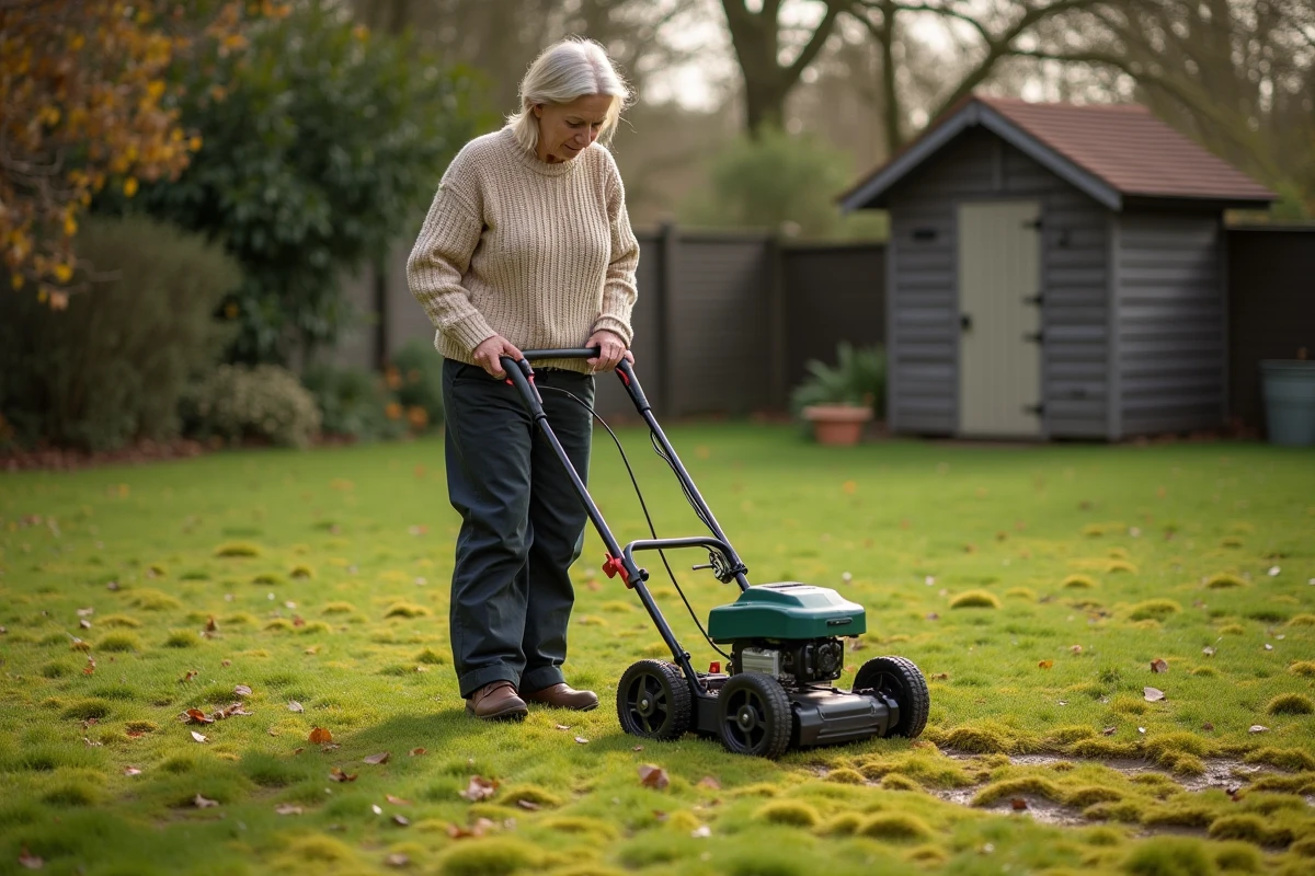 Femme utilisant une scarifieuse électrique pour traiter une pelouse détrempée couverte de mousse dans un grand jardin