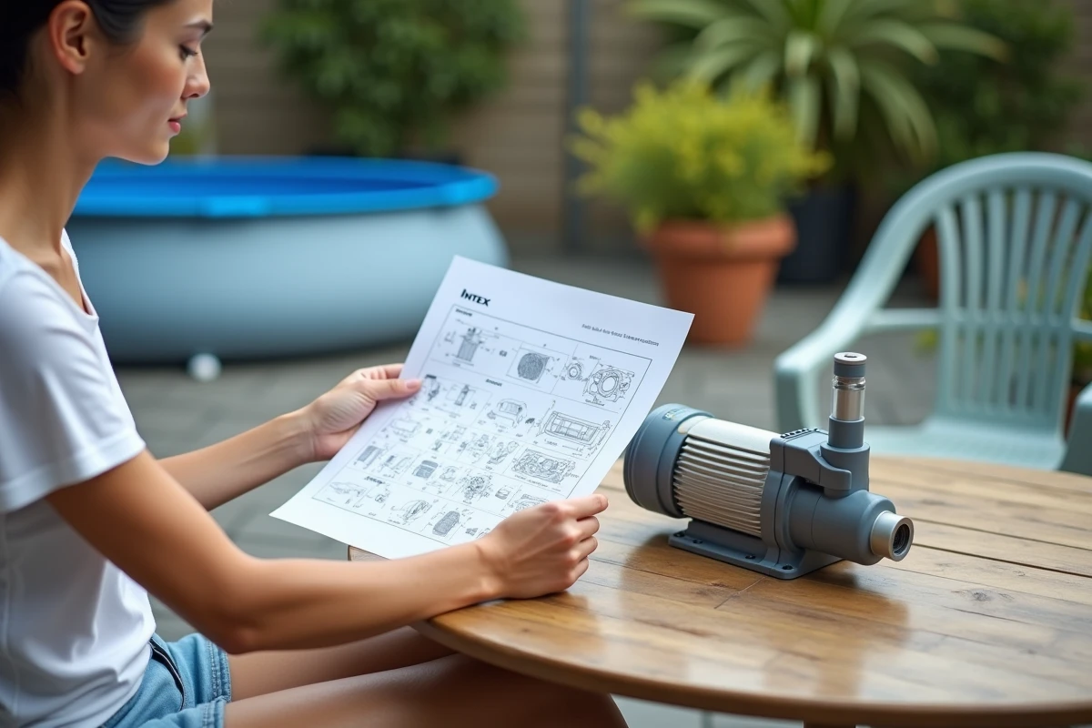 Femme comparant un schéma de pompe Intex à un filtre piscine démonté sur une table de jardin