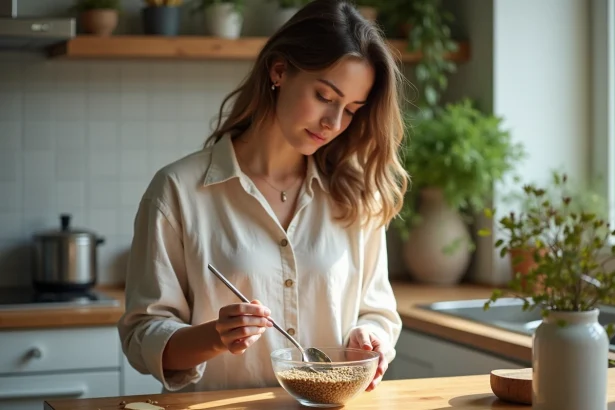 Jeune femme préparant des graines dans une cuisine lumineuse