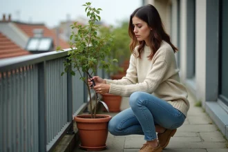 Femme taillant un petit arbre à la peche sur un balcon urbain