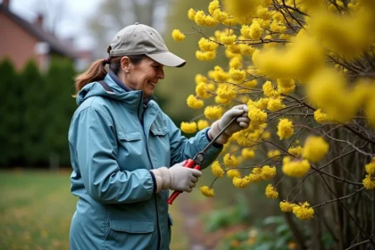 Femme taillant un mimosa au printemps dans son jardin