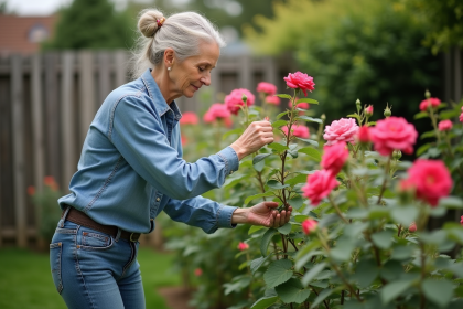 Femme taillant un rosier dans un jardin bien entretenu