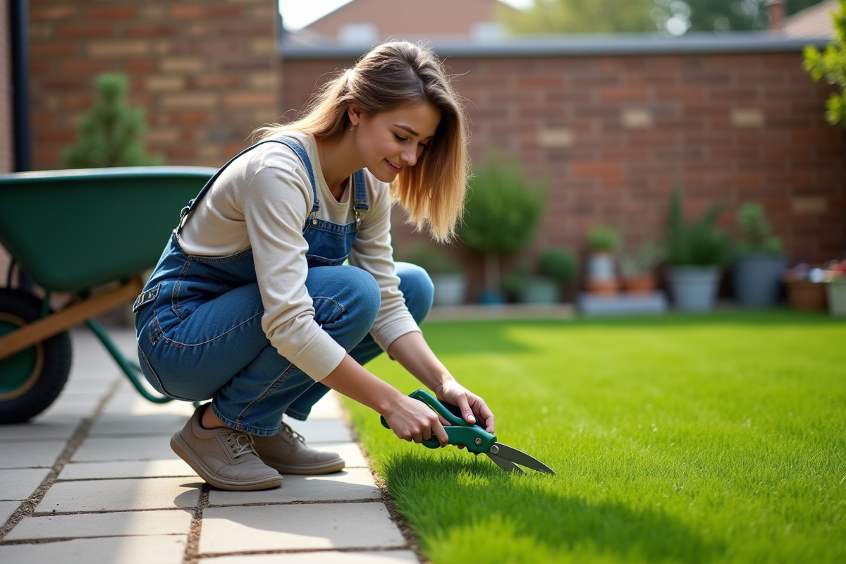 Femme en overalls coupe le gazon avec des ciseaux de jardin