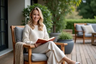 Femme détendue dans un fauteuil de jardin en terrasse