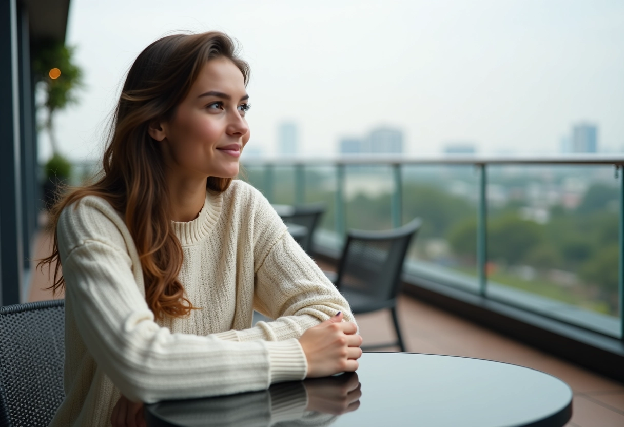 Jeune femme assise à une terrasse urbaine en regardant au loin