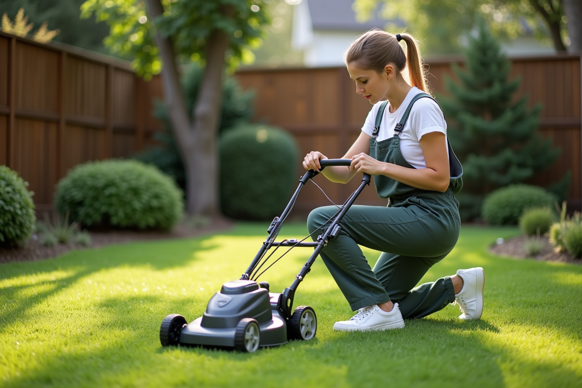 Jeune femme ajuste une tondeuse sans fil dans son jardin domestique