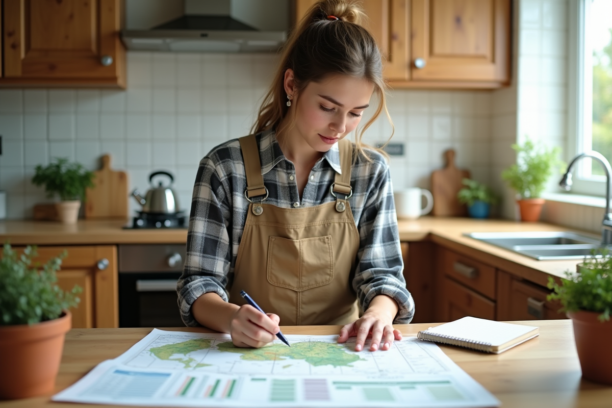 Jeune femme analysant des cartes dans la cuisine lumineuse