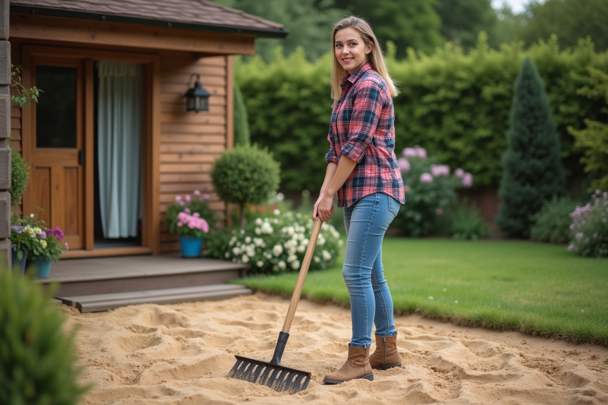 Jeune femme préparant le sol pour une cabane de jardin