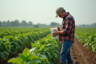 Ferme avec fermier lisant une bouteille de herbicide dans un champ