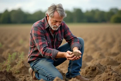 Fermier à genoux examinant un sol sec dans un champ