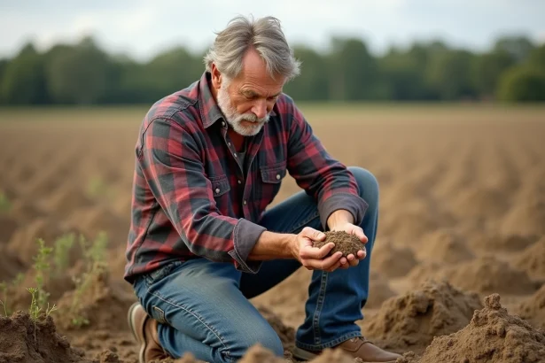 Fermier à genoux examinant un sol sec dans un champ