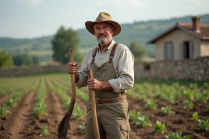 Paysagiste fermier avec houe dans un champ rural