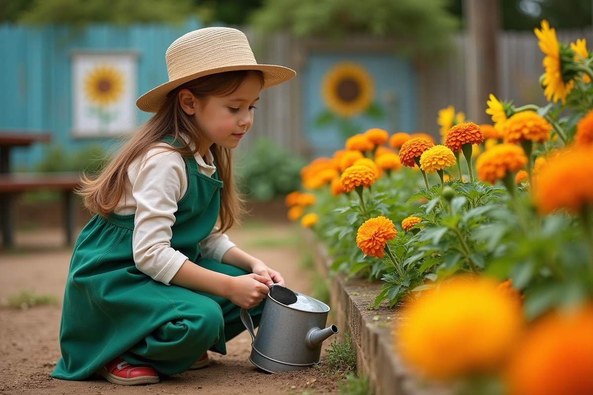 Fille de 8 ans arrosant des marguerites dans le jardin scolaire