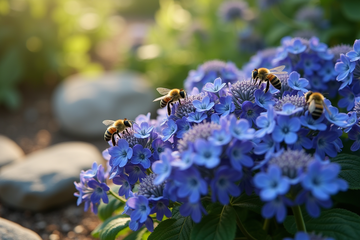 Gros plan sur fleurs de borage et abeilles