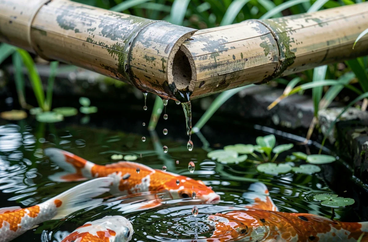 Fontaine en bambou versant de l'eau dans un bassin avec des poissons koï dans un jardin japonais