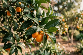 Fruits de l'oranger du Mexique (Choisya ternata) accrochés aux branches feuillues dans un jardin