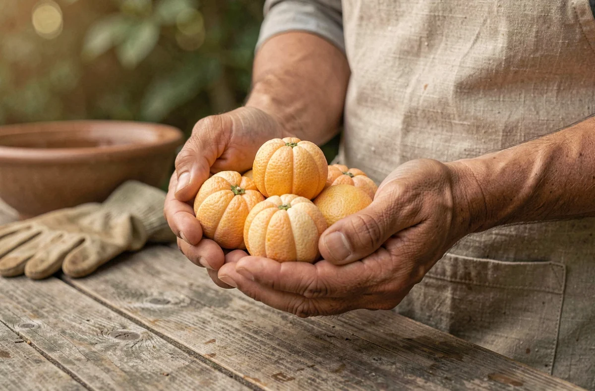 Mains tenant des fruits récoltés de l'oranger du Mexique posés sur une table en bois rustique